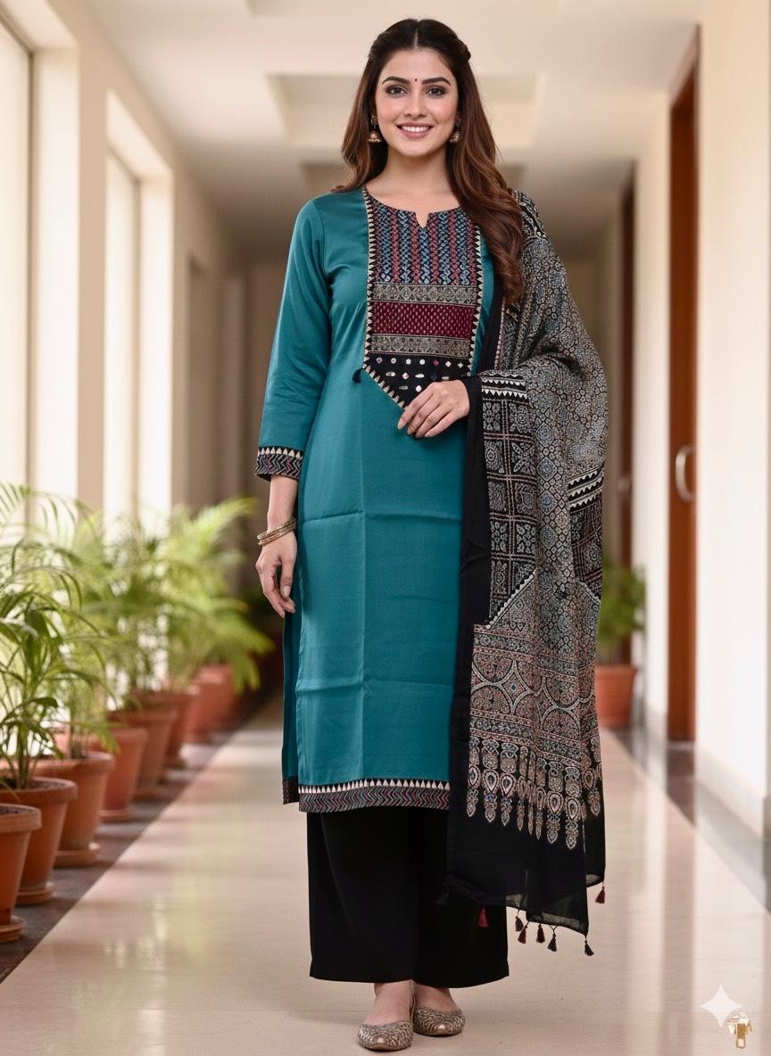 Mashru Satin Ajrakh Patch Suit Set (Teal)