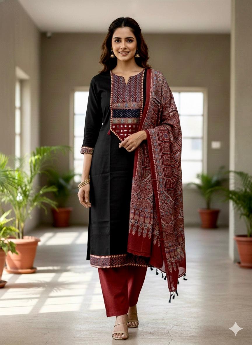Mashru Satin Ajrakh Patch Suit Set (Black)