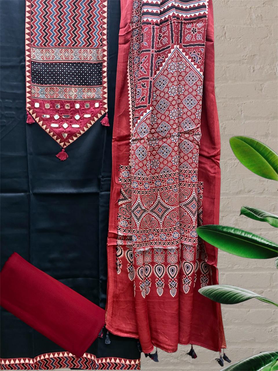 Mashru Satin Ajrakh Patch Suit Set (Black)