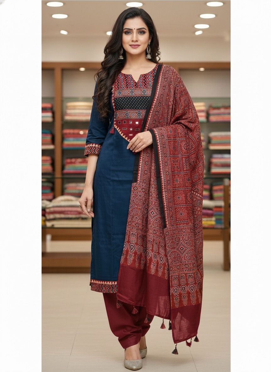 Mashru Satin Ajrakh Patch Suit Set (Royal Blue)