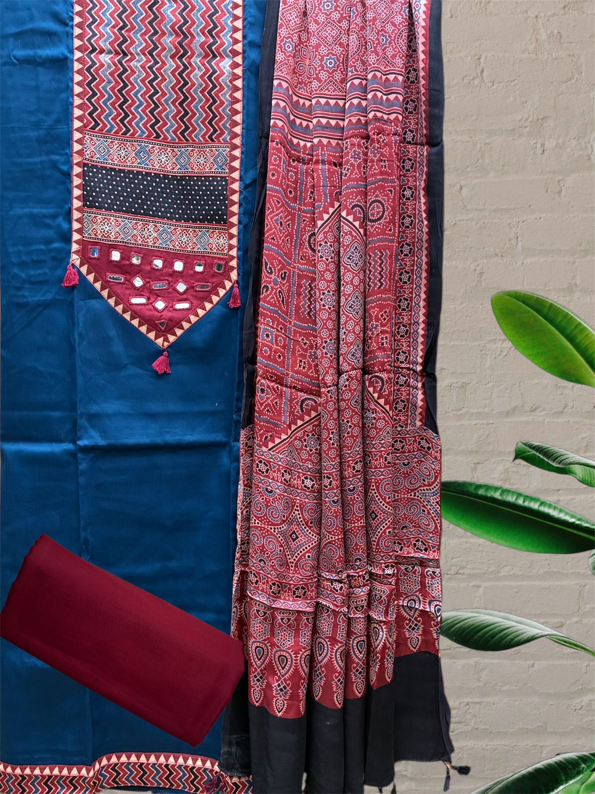 Mashru Satin Ajrakh Patch Suit Set (Royal Blue)