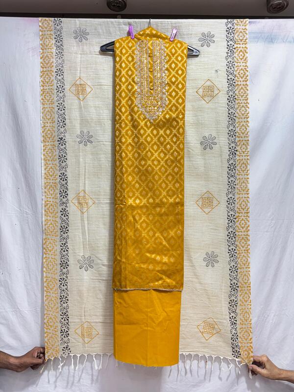 Kala Sanskruti Golden & Cream – Color Art Silk Bandhani Dress – 2.5 M Each Piece – Elegant Traditional Wear Art Silk Dress for Women