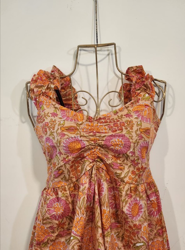 Freya's gentle Scrunch Frill Dress - Orange & Flowers