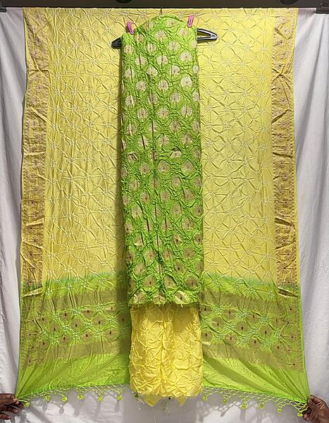Kala Sanskruti Perrot Green & Lemon Color Dupion Silk Bandhani Dress 2.5 M (Each Piece) Elegant Traditional Wear Dress for Women