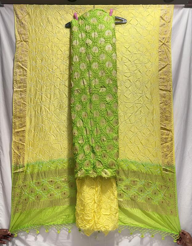 Kala Sanskruti Perrot Green & Lemon Color Dupion Silk Bandhani Dress 2.5 M (Each Piece) Elegant Traditional Wear Dress for Women