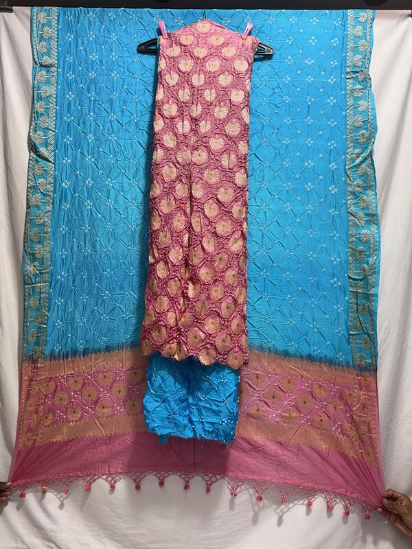 Kala Sanskruti Peach & Sky Blue Color Dupion Silk Bandhani Dress 2.5 M (Each Piece) Elegant Traditional Wear Dress for Women