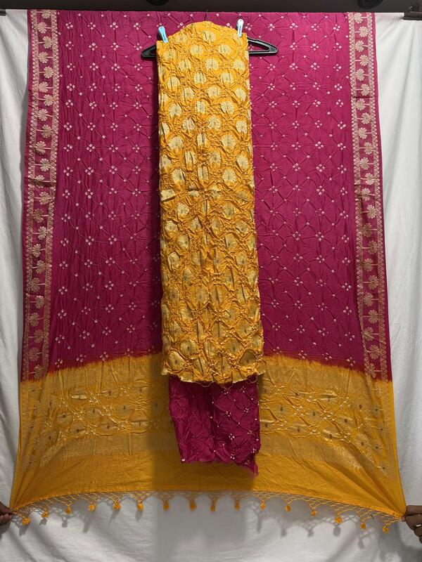 Kala Sanskruti Golden & Pink Color Dupion Silk Bandhani Dress 2.5 M (Each Piece) Elegant Traditional Wear Dress for Women