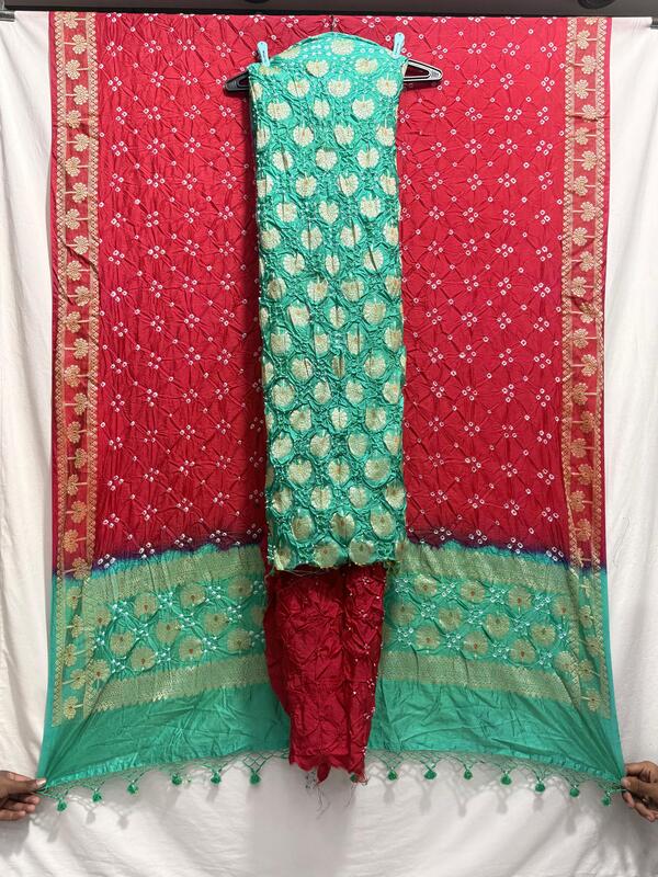 Kala Sanskruti Rama Green & Red Color Dupion Silk Bandhani Dress 2.5 M (Each Piece) Elegant Traditional Wear Dress for Women