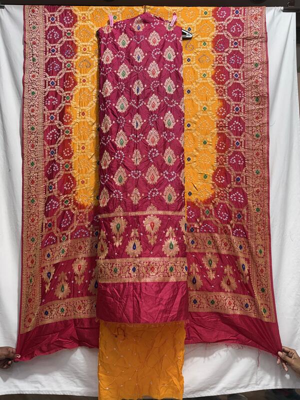 Kala Sanskruti Pink & Yellow – Color Dupion Silk Bandhani Dress – 2.5 M (Each Piece) – Elegant Traditional Wear Dress for Women