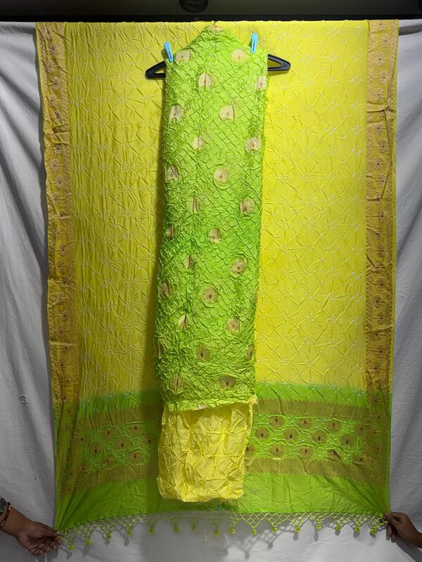 Kala Sanskruti Parrot Green & Lemon – Color Dupion Silk Bandhani Dress – 2.5 M (Each Piece) – Elegant Traditional Wear Dress for Women