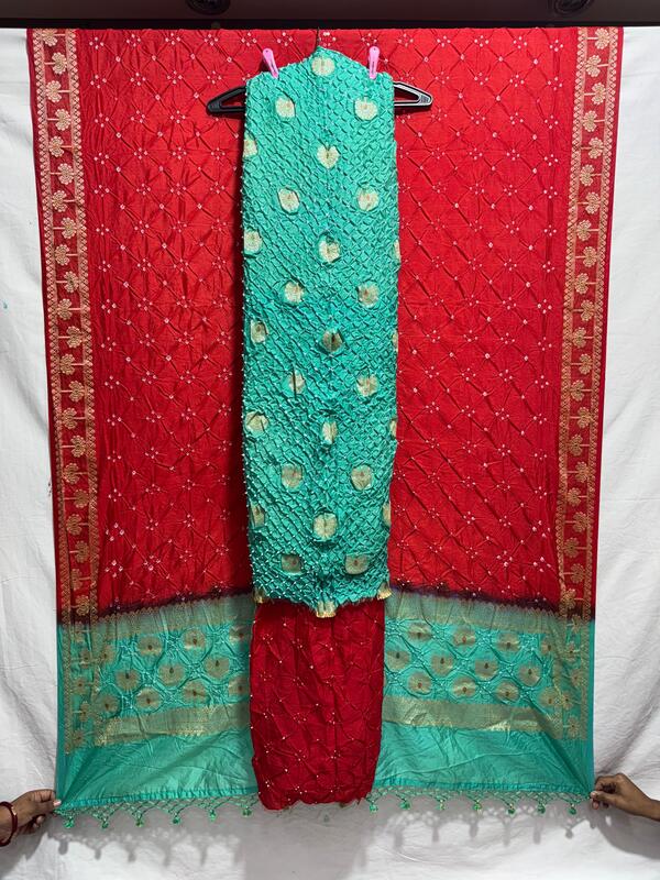 Kala Sanskruti Sea Green & Red – Color Dupion Silk Bandhani Dress – 2.5 M (Each Piece) – Elegant Traditional Wear Dress for Women