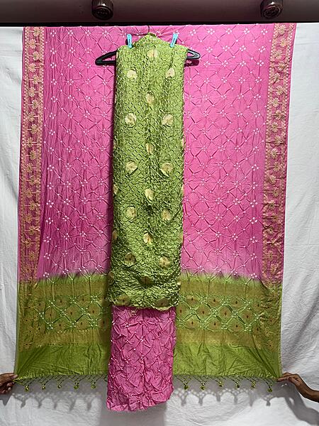 Kala Sanskruti Pista & Pink – Color Dupion Silk Bandhani Dress – 2.5 M (Each Piece) – Elegant Traditional Wear Dress for Women