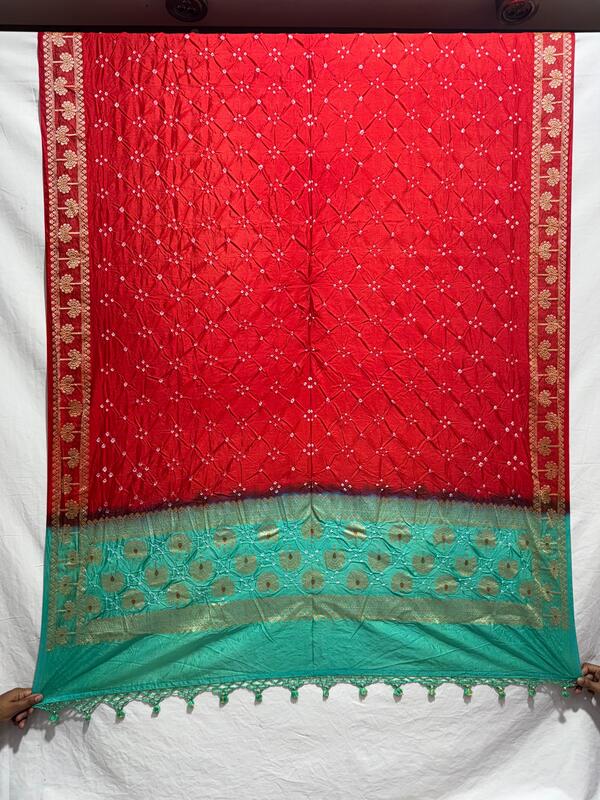 Kala Sanskruti Sea Green & Red – Color Dupion Silk Bandhani Dress – 2.5 M (Each Piece) – Elegant Traditional Wear Dress for Women