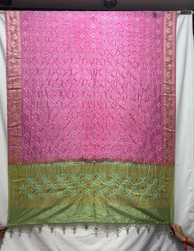 Kala Sanskruti Pista & Pink – Color Dupion Silk Bandhani Dress – 2.5 M (Each Piece) – Elegant Traditional Wear Dress for Women