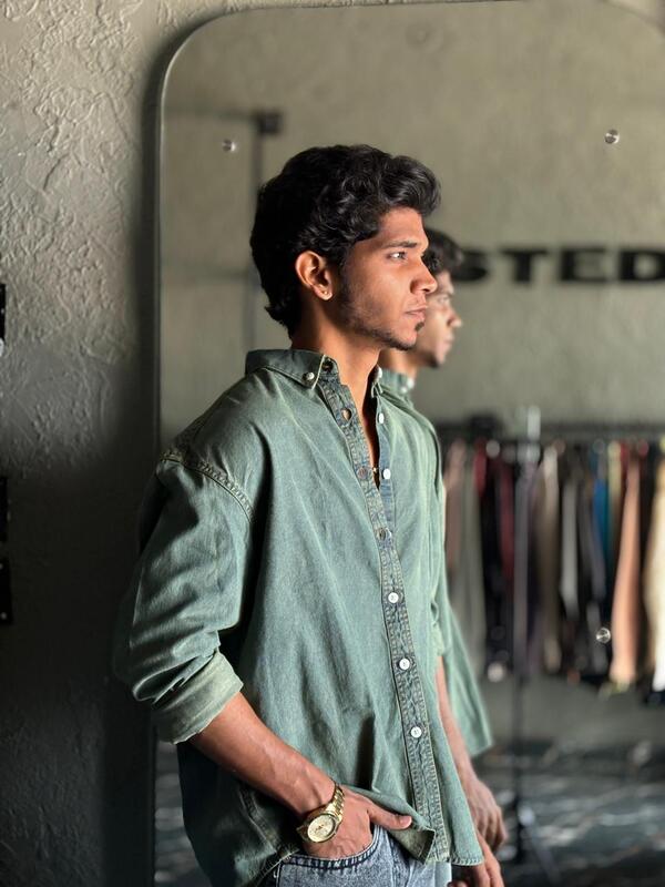 Moss green washed denim shirt