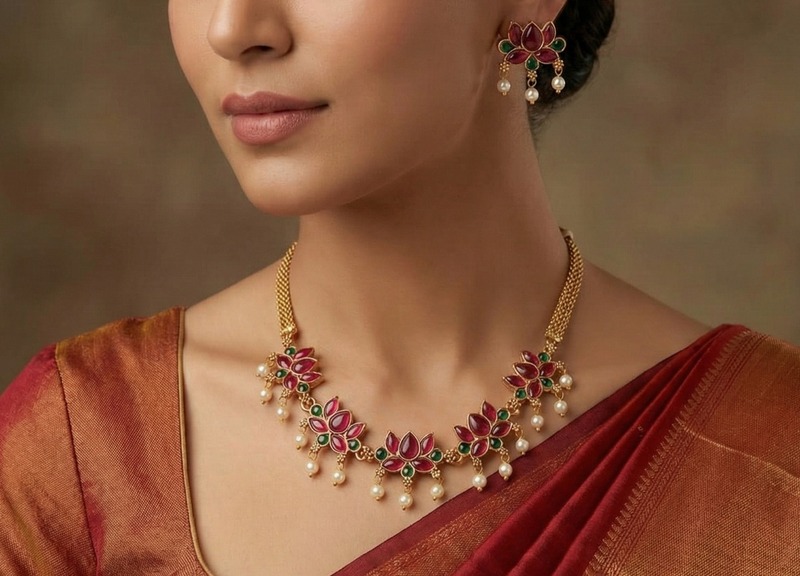 Traditional Lotus Design Ruby & Green Stone Necklace Set