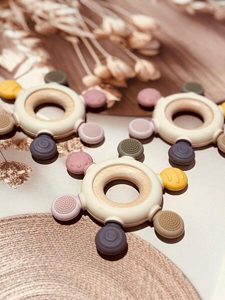 Silicone & Wooden Baby Teether for 3+ Months | BPA Free Soft Teething Toy | Safe Teether for Infants | Round Shape |