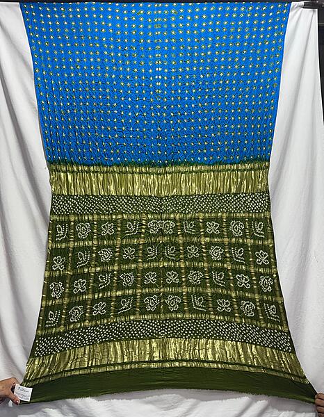 Kala Sanskruti Mehndi & Sky blue Color Pure Gaji Silk Bandhani Saree 6.5M with Blouse Piece Elegant Traditional Wear Saree for Women