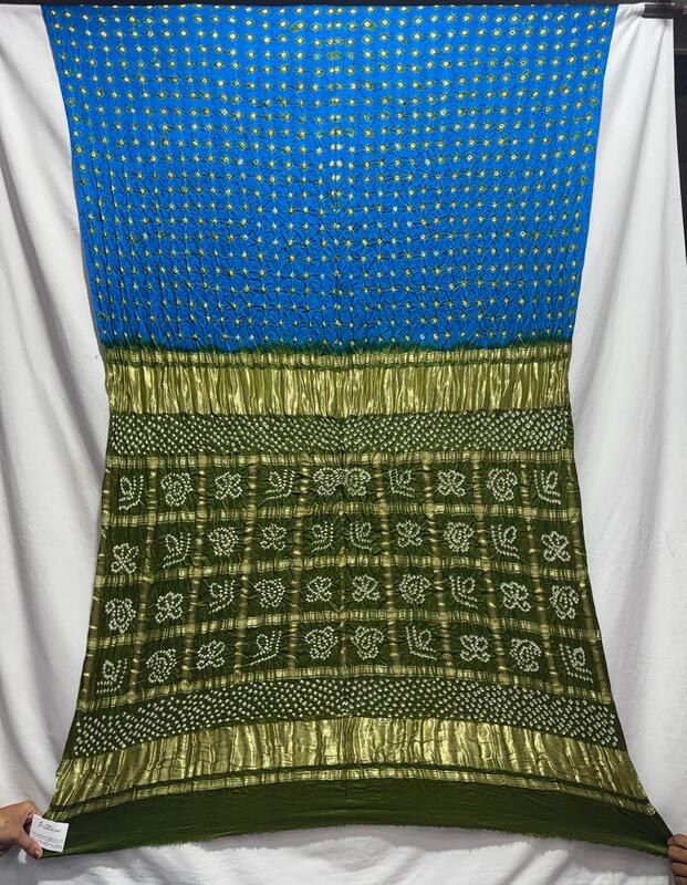 Kala Sanskruti Mehndi & Sky blue Color Pure Gaji Silk Bandhani Saree 6.5M with Blouse Piece Elegant Traditional Wear Saree for Women