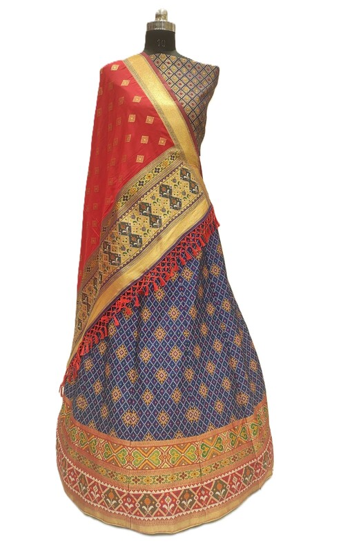 Kala Sanskruti Nevi Blue & Red Color Dupion Silk Bandhani Chaniyacholi 3.75M - Elegant Traditional Wear Dupion Chaniyacholi's for Women