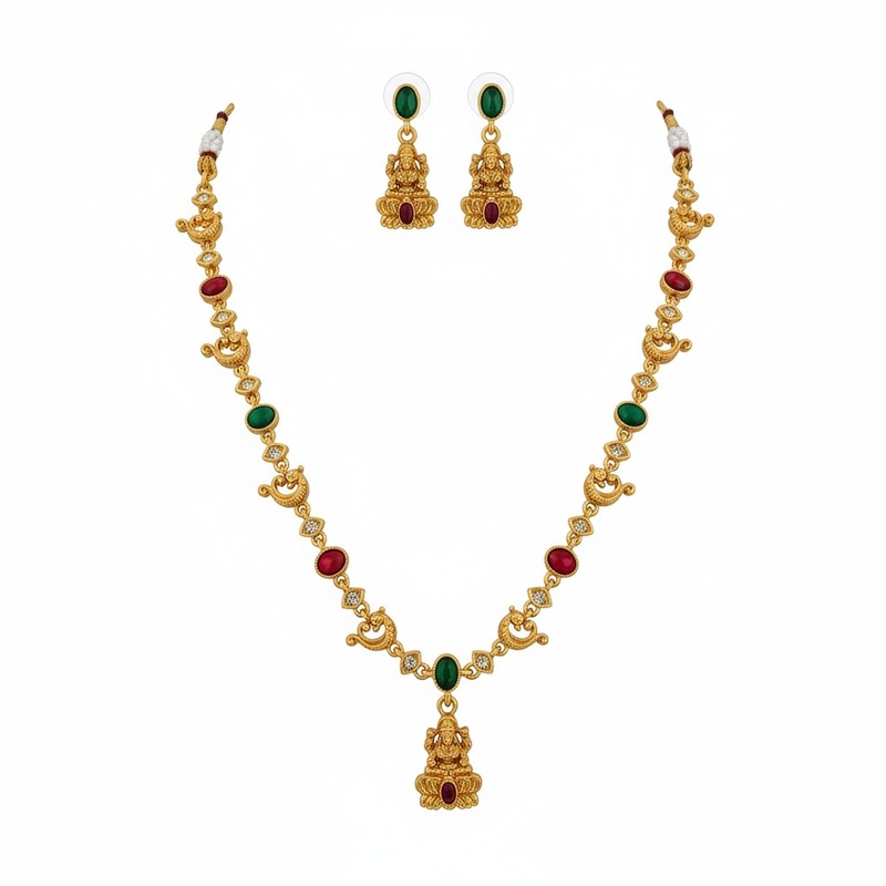 Lakshmi Pendant Necklace Set with Multicolor Stones