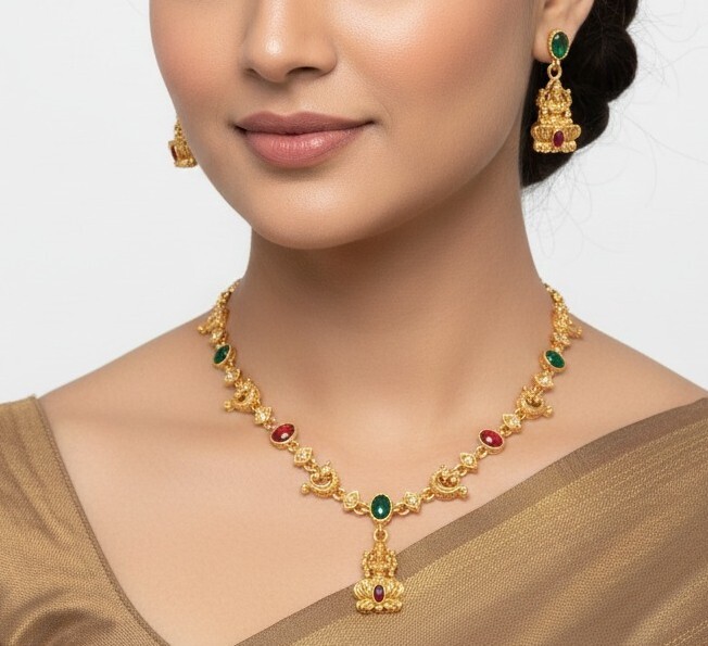 Lakshmi Pendant Necklace Set with Multicolor Stones