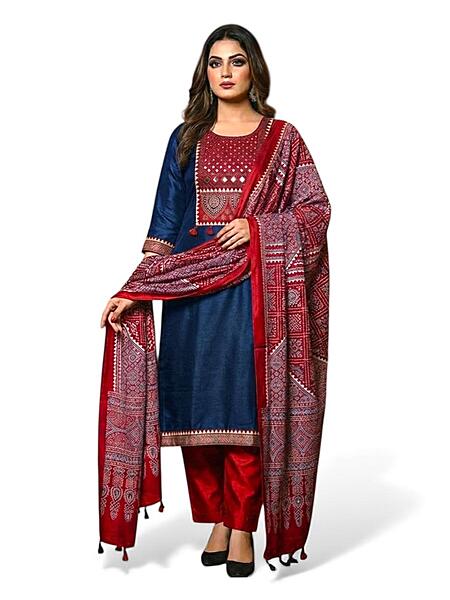 Mashru Silk Ajrakh Patch Suit Set #5