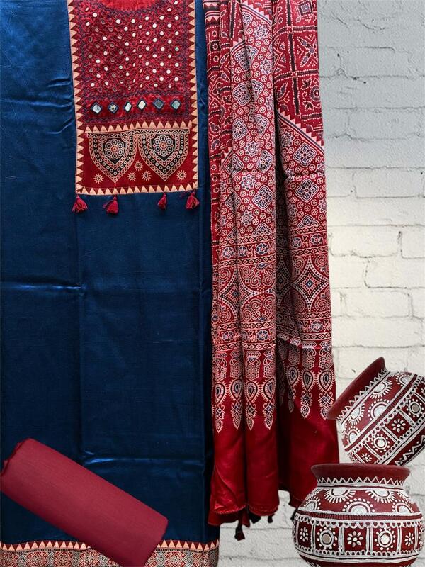 Mashru Silk Ajrakh Patch Suit Set #5