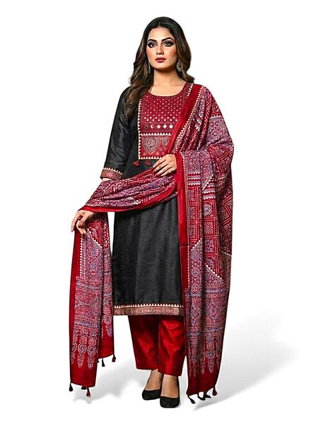 Mashru Silk Ajrakh Patch Suit Set #8