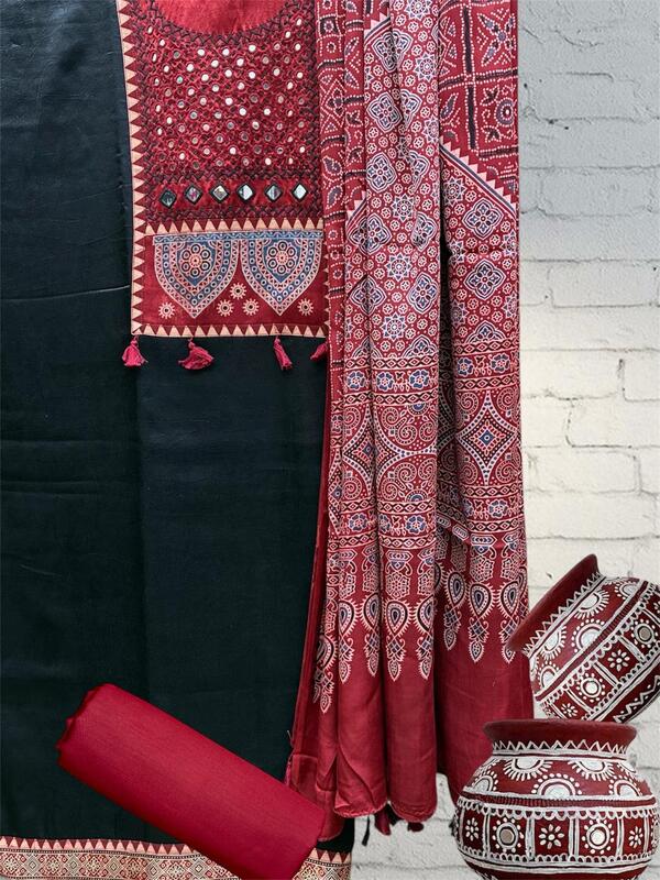 Mashru Silk Ajrakh Patch Suit Set #8
