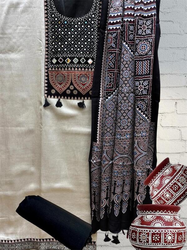 Mashru Silk Ajrakh Patch Suit Set #4