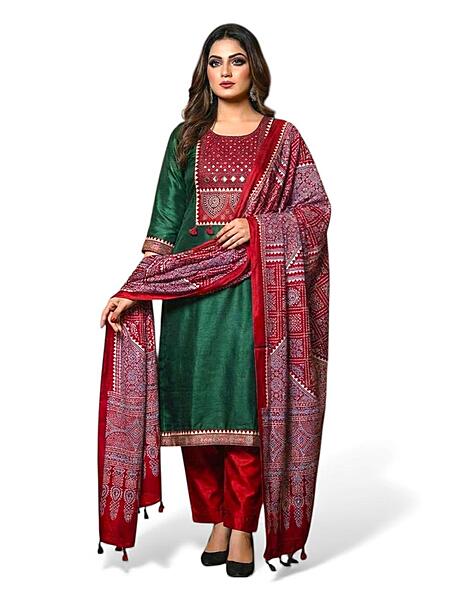 Mashru Silk Ajrakh Patch Suit Set #6