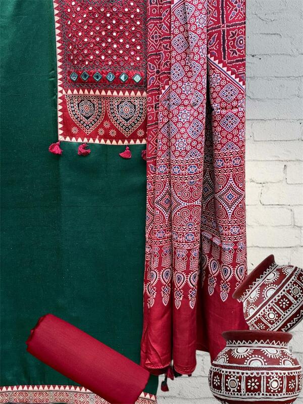 Mashru Silk Ajrakh Patch Suit Set #6