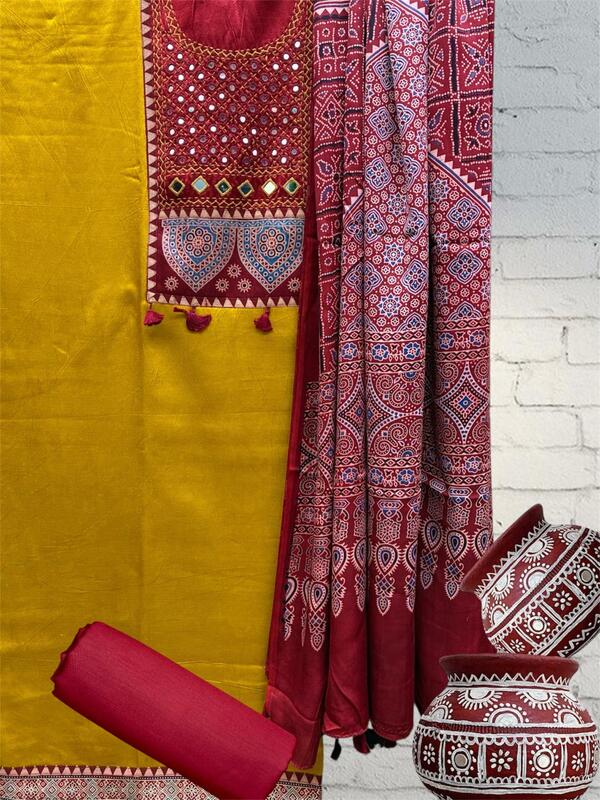 Mashru Silk Ajrakh Patch Suit Set #7