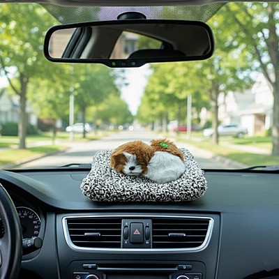 Sleeping Cute Dog ,Realistic Soft and Lifelike Pet Puppy with Bed for Car Dashboard and Home Décor.
