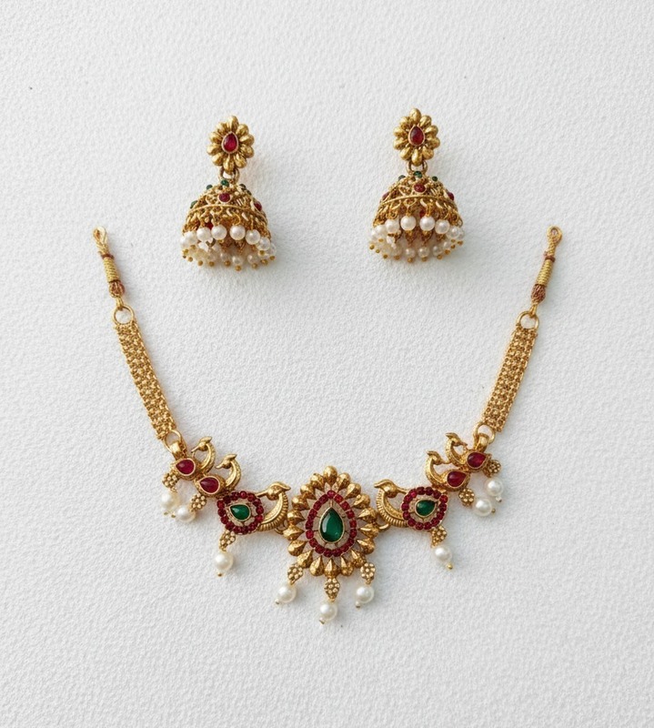Traditional Gold-Plated peacock Necklace Set with Jhumka Earrings