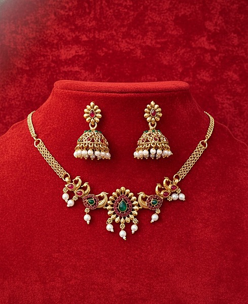 Traditional Gold-Plated peacock Necklace Set with Jhumka Earrings