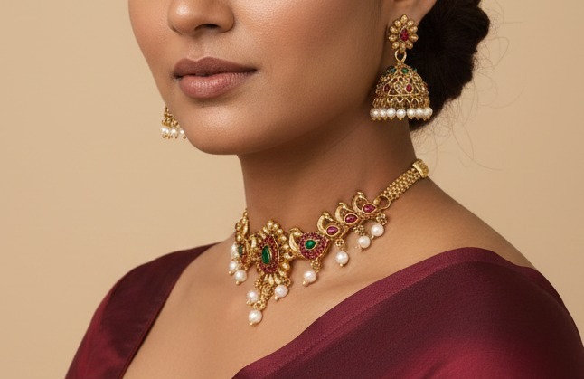 Traditional Gold-Plated peacock Necklace Set with Jhumka Earrings