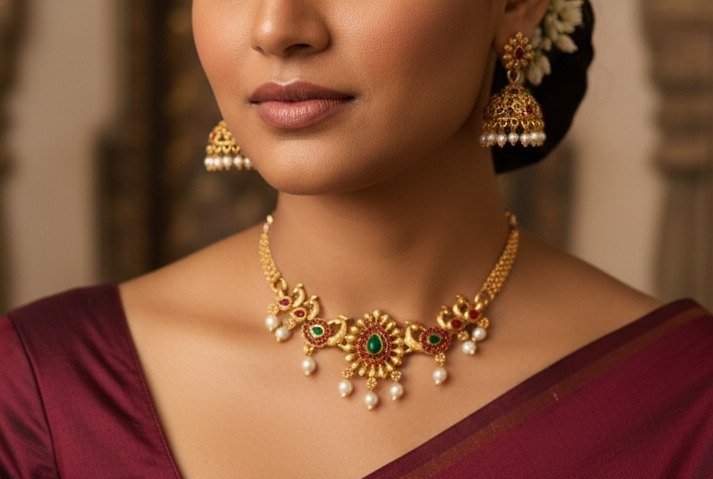 Traditional Gold-Plated peacock Necklace Set with Jhumka Earrings