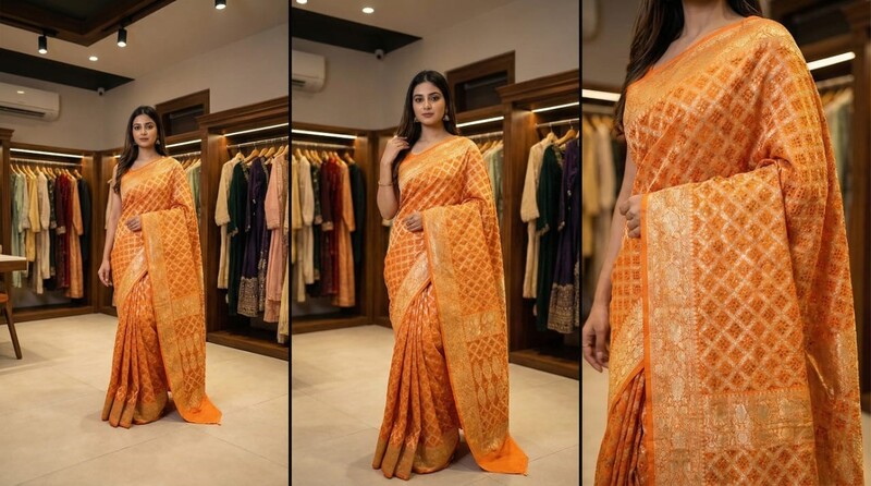 Kala Sanskruti All Over Orange Color Pure Banarasi Saree 6.5M Elegant Traditional Wear Graceful Pure Banarasi Saree Handcrafted Artistry for Woman