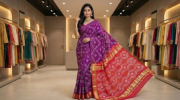 Kala Sanskruti Magenta & Peach Color Pure Gaji Silk Bandhani Saree 6.5M with Blouse Piece Elegant Traditional Wear Saree for Women