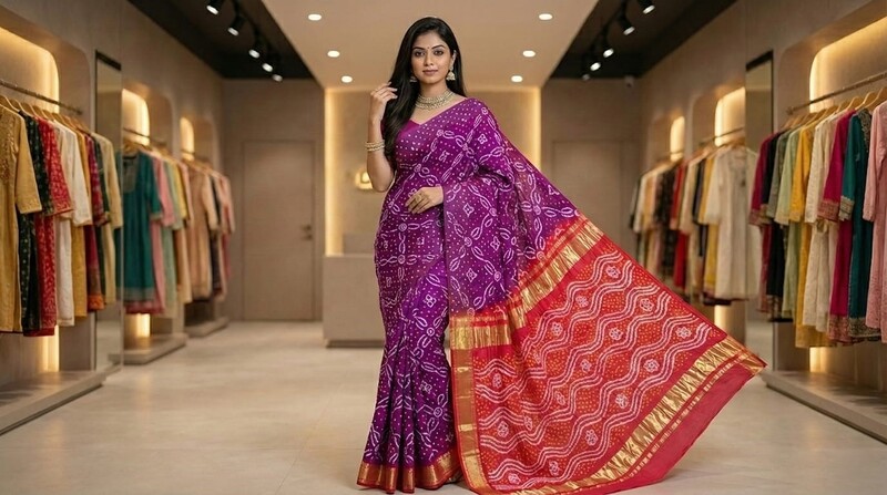 Kala Sanskruti Magenta & Peach Color Pure Gaji Silk Bandhani Saree 6.5M with Blouse Piece Elegant Traditional Wear Saree for Women