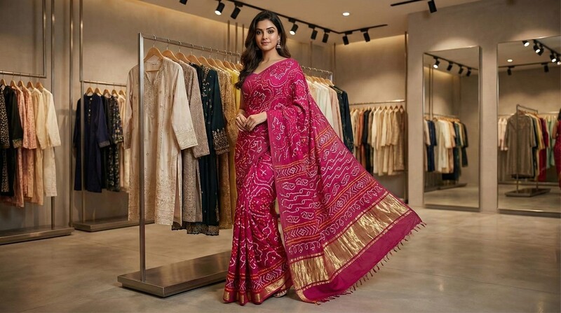 Kala Sanskruti All Over Rani Pink Color Pure Gaji Silk Bandhani Saree 6.5M with Blouse Piece Elegant Traditional Wear Saree for Women