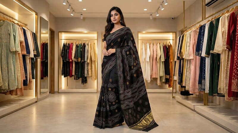 Kala Sanskruti All Over Black Color Pure Gaji Silk Bandhani Saree 6.5M with Blouse Piece Elegant Traditional Wear Saree for Women