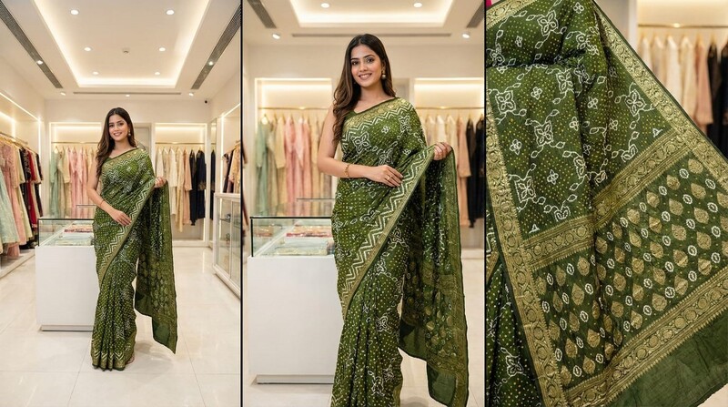 Kala Sanskruti Mehandi Color Pure Gaji Silk Bandhani Saree 6.5M with Blouse Piece Elegant Traditional Wear Saree for Women