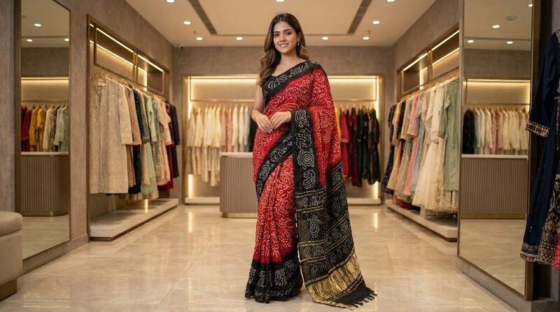 Kala Sanskruti Red Black Color Pure Gaji Silk Bandhani Saree 6.5M with Blouse Piece Elegant Traditional Wear Saree for Women