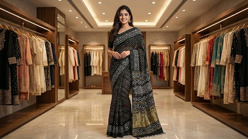 Kala Sanskruti Black Grey Color Pure Gaji Silk Bandhani Saree 6.5M with Blouse Piece Elegant Traditional Wear Saree for Women