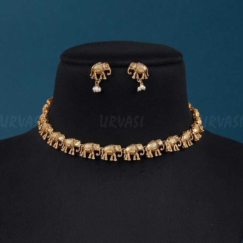 Traditional Elephant Design Gold-Tone Necklace Set with Earrings