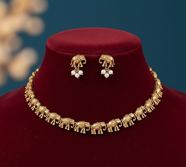 Traditional Elephant Design Gold-Tone Necklace Set with Earrings