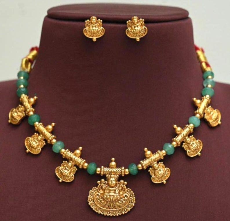 Traditional green Lakshmi necklace with matching earrings